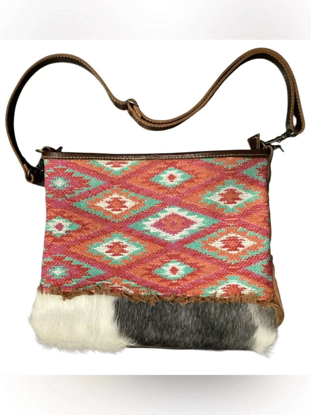 Myra Bag Rince Boho Aztec Crossbody Bag with Canvas Cowhide Leather Upcycled